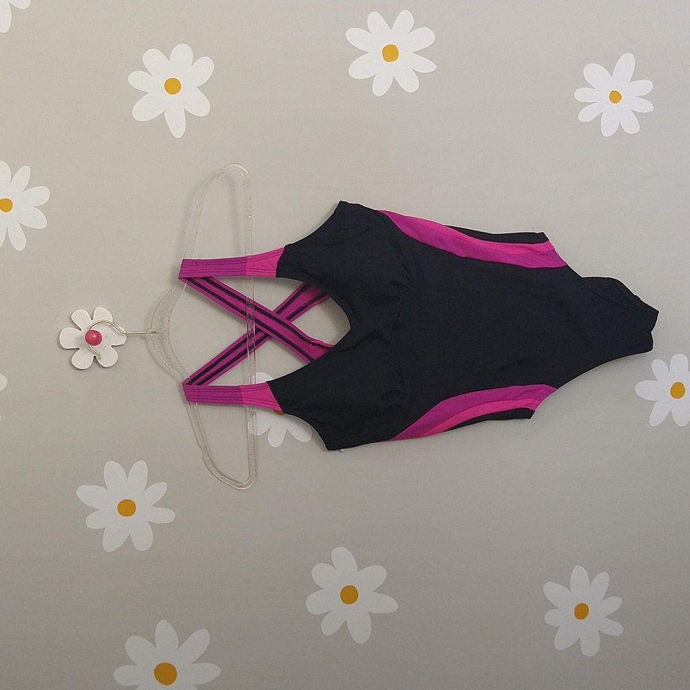 Lands' End Black With Pink & Purple Stripe Sporty Cross-Back One-Piece Swimsuit